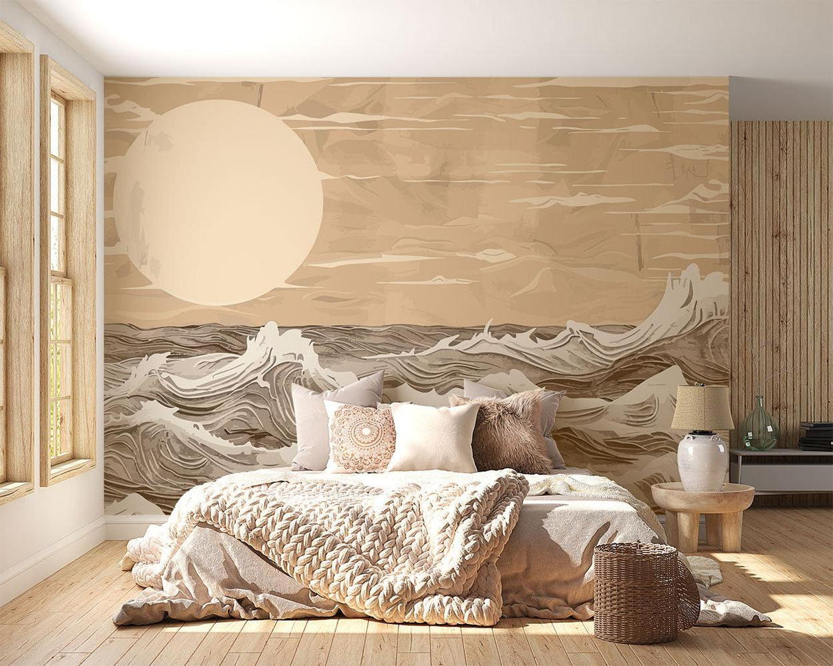 Abstract wave pattern creating depth in a neutral hallway design