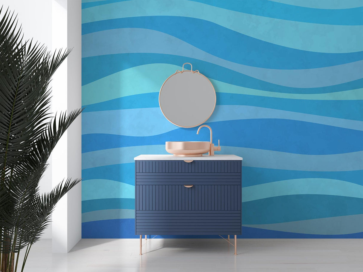 Modern blue wave wallpaper creating a calming atmosphere in a minimalist living room