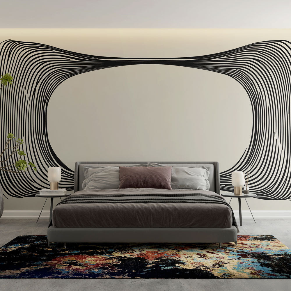 Modern office space featuring a striking Optical Illusion wallpaper with black curved lines creating depth on white background