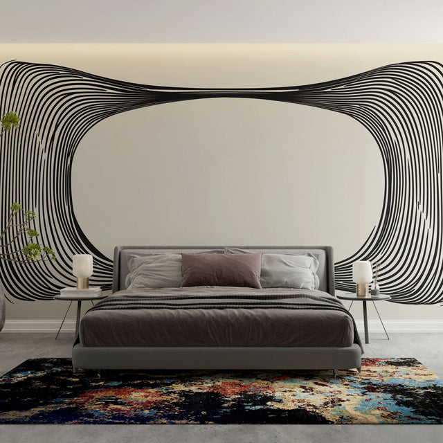 Modern office space featuring a striking Optical Illusion wallpaper with black curved lines creating depth on white background