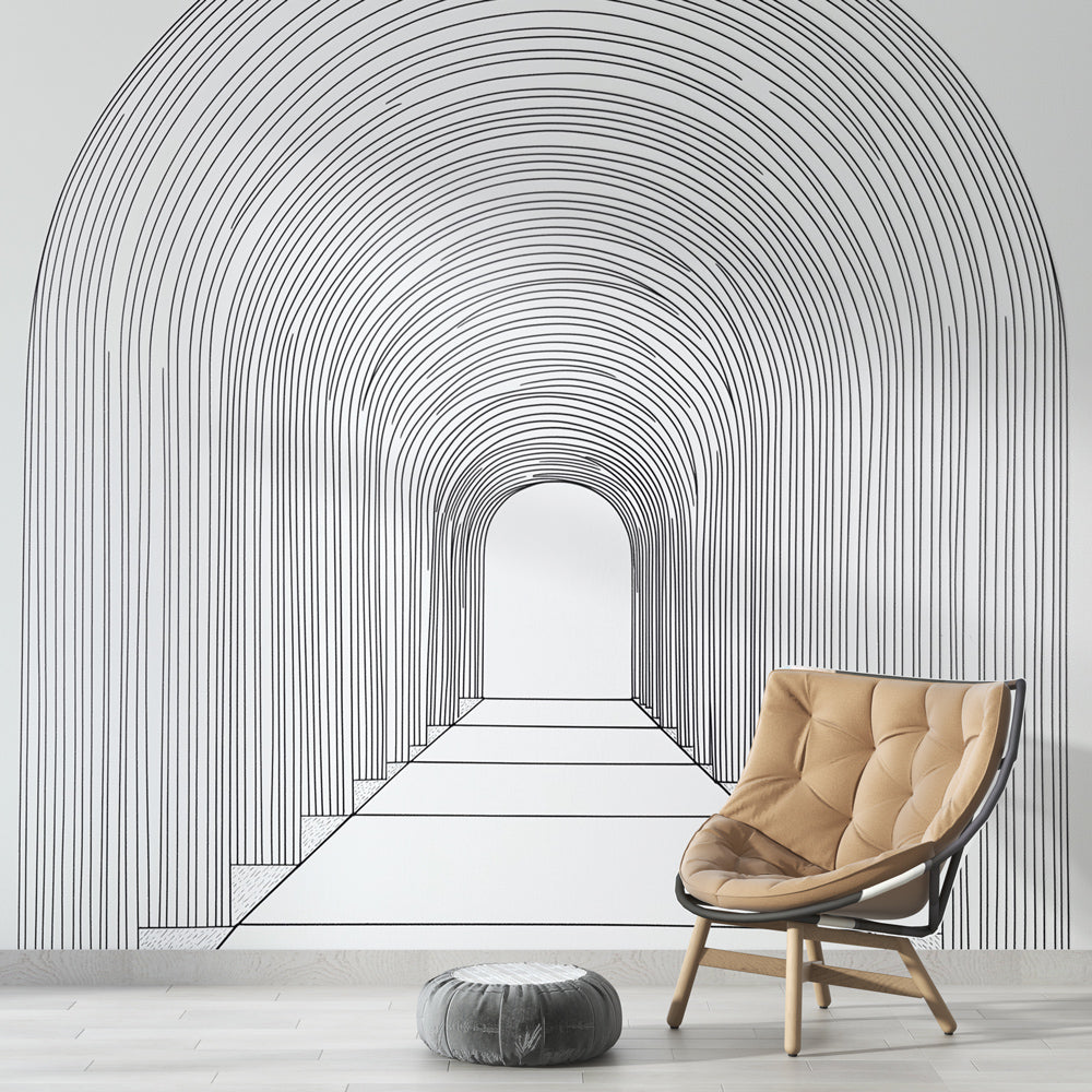 Modern living room with striking Optical Illusion Tunnel Wallpaper creating depth behind minimalist furniture