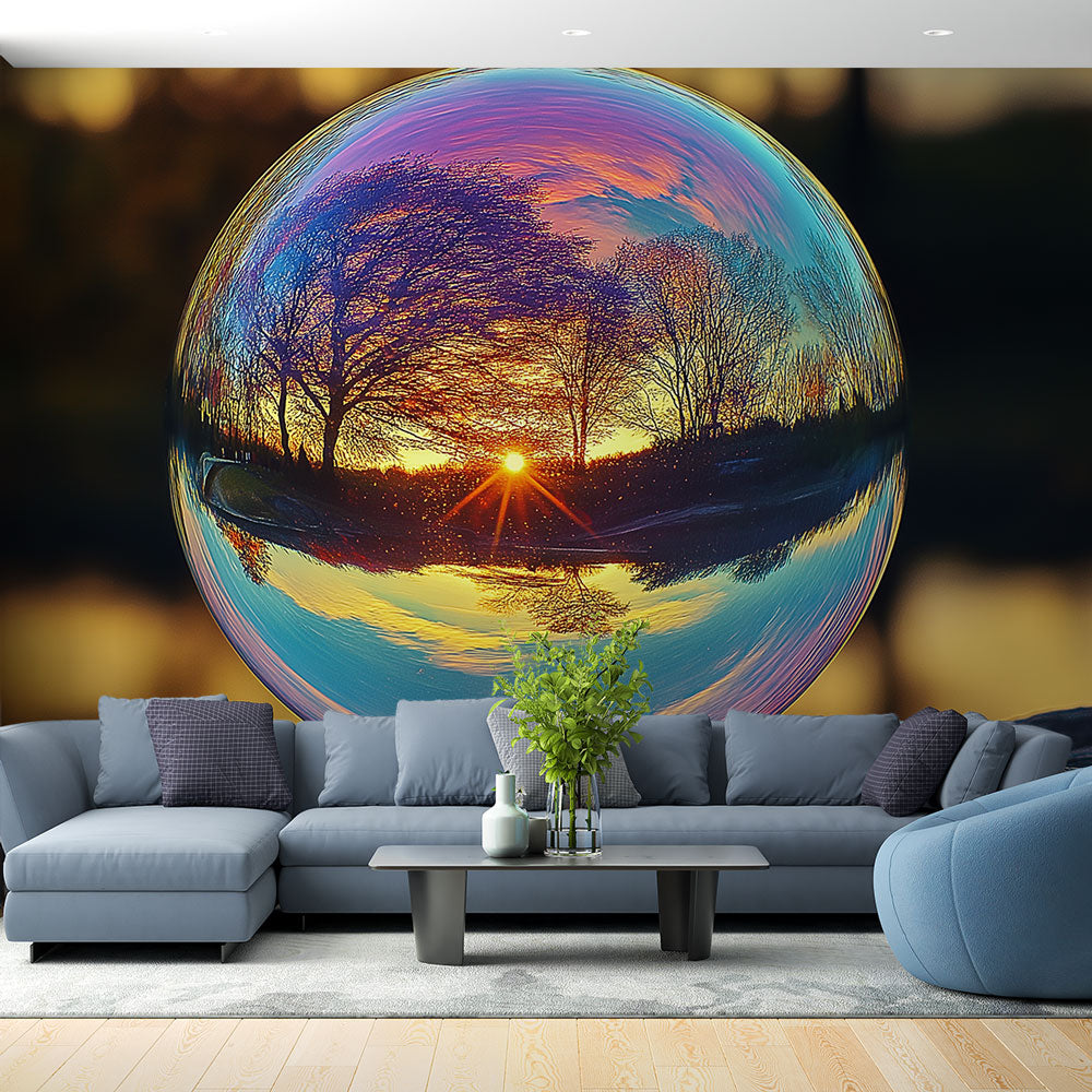 Optical illusion glass sphere wallpaper creating depth in a modern living room with sunset colors reflecting off white furniture