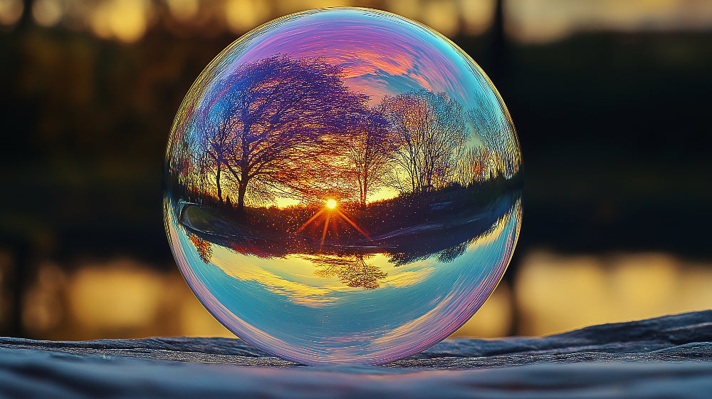 Glass sphere sunset design file showing detailed optical illusion pattern with rich turquoise and golden hues