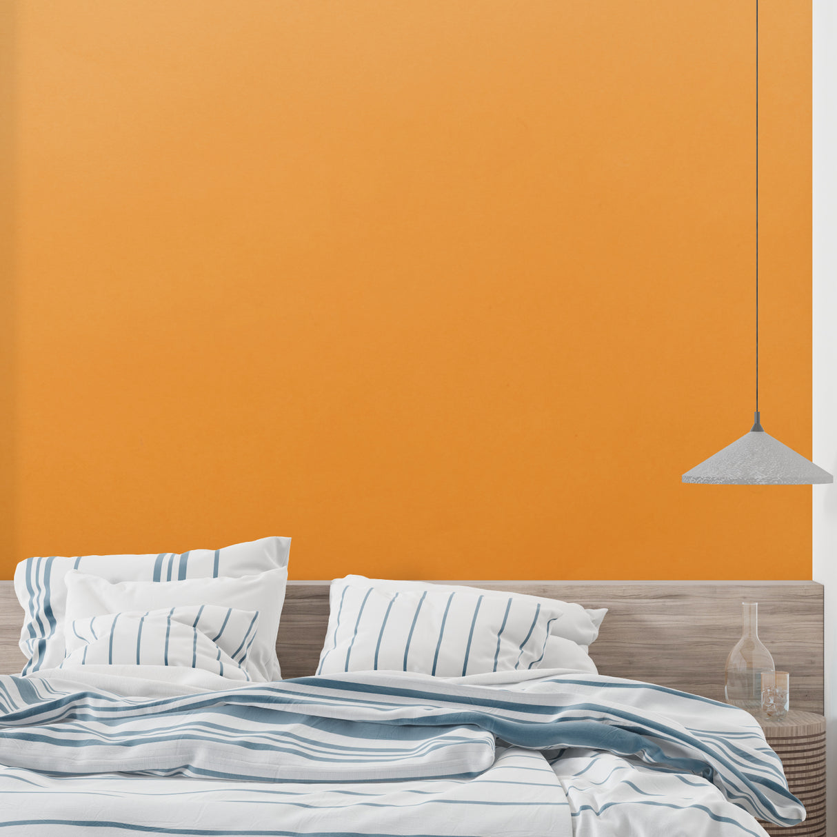 Orange accent wall mural in modern living room showing bright terracotta color against white furniture