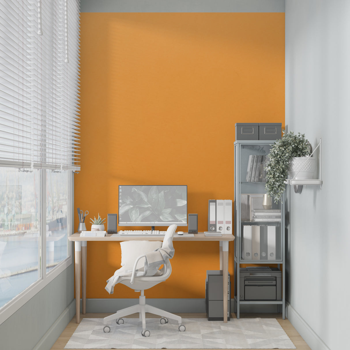 Orange wallpaper mural in home office space brightening up work area