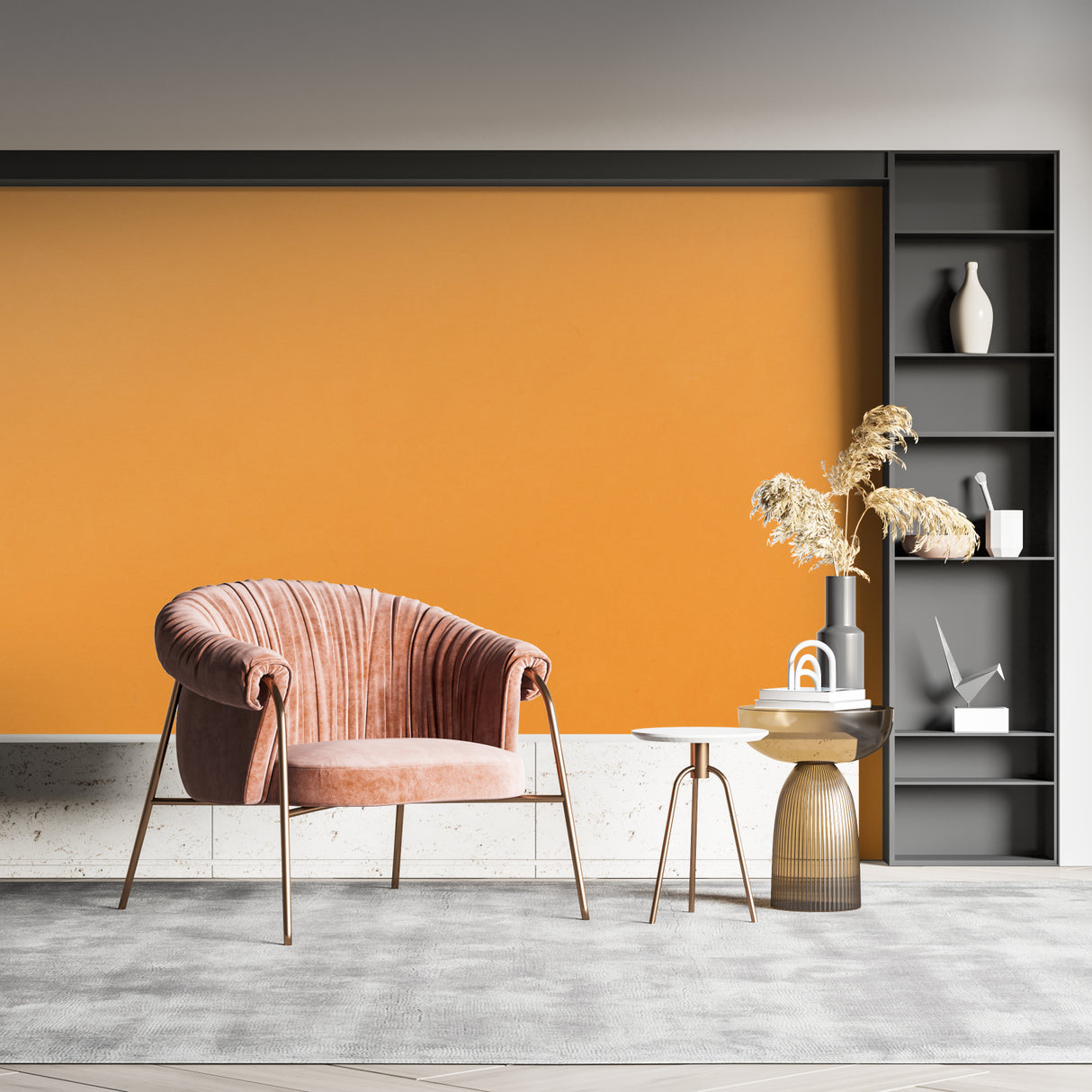 Bedroom with terracotta accent wall showing soft morning light effects