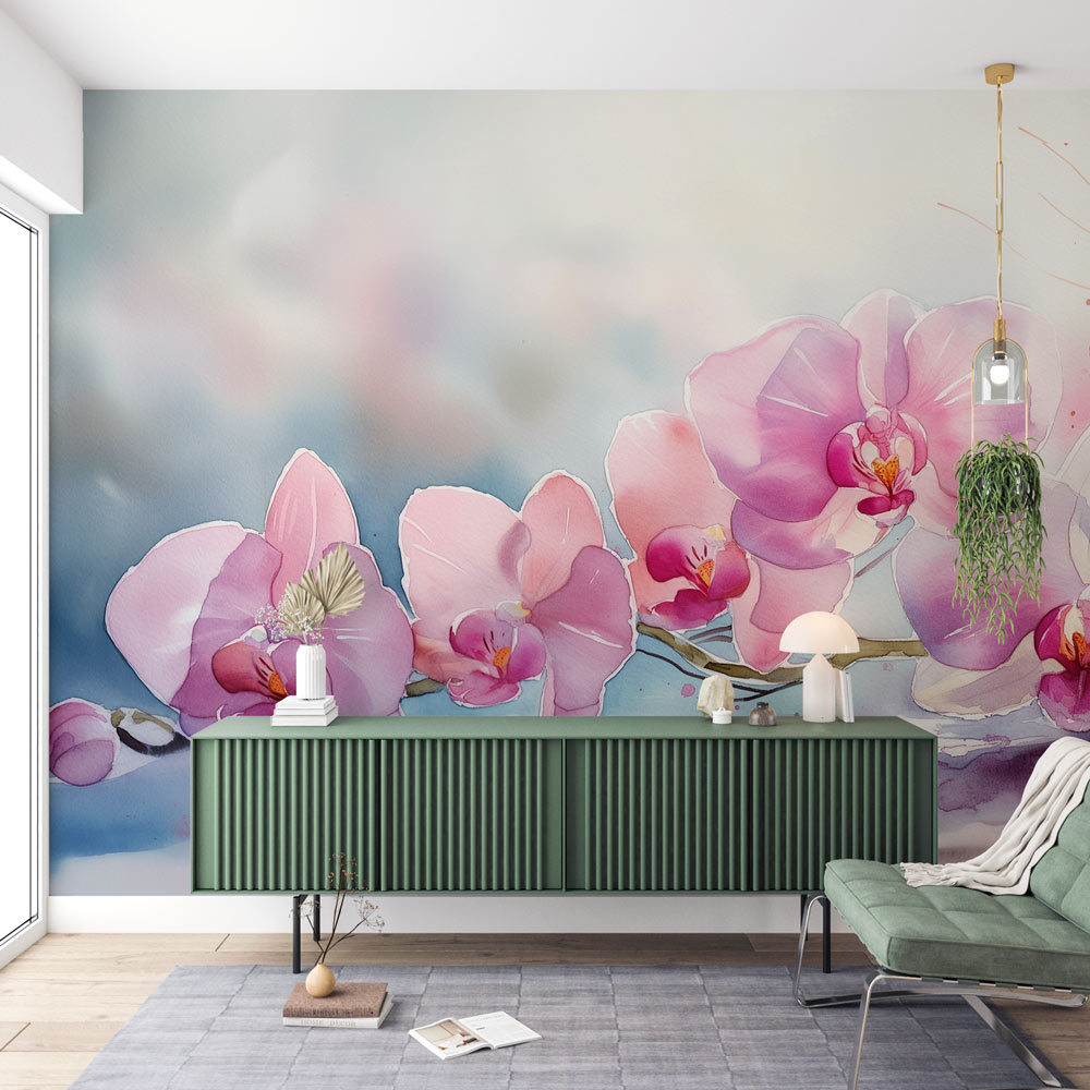 Pink Orchid Mural Wallpaper creating a serene atmosphere in a bright modern bedroom with minimal furniture