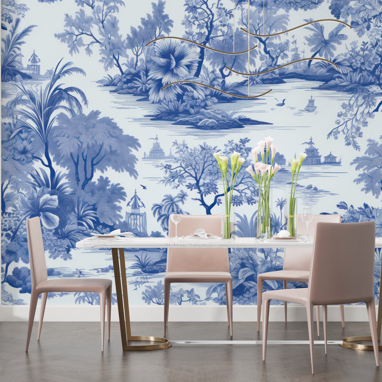 Blue oriental wallpaper creating calm atmosphere in master bedroom