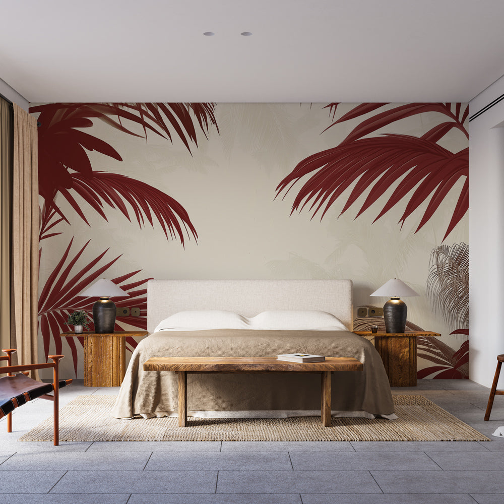 Burgundy Palm Leaf Wallpaper creating a bold statement wall in a modern living room with minimal furniture