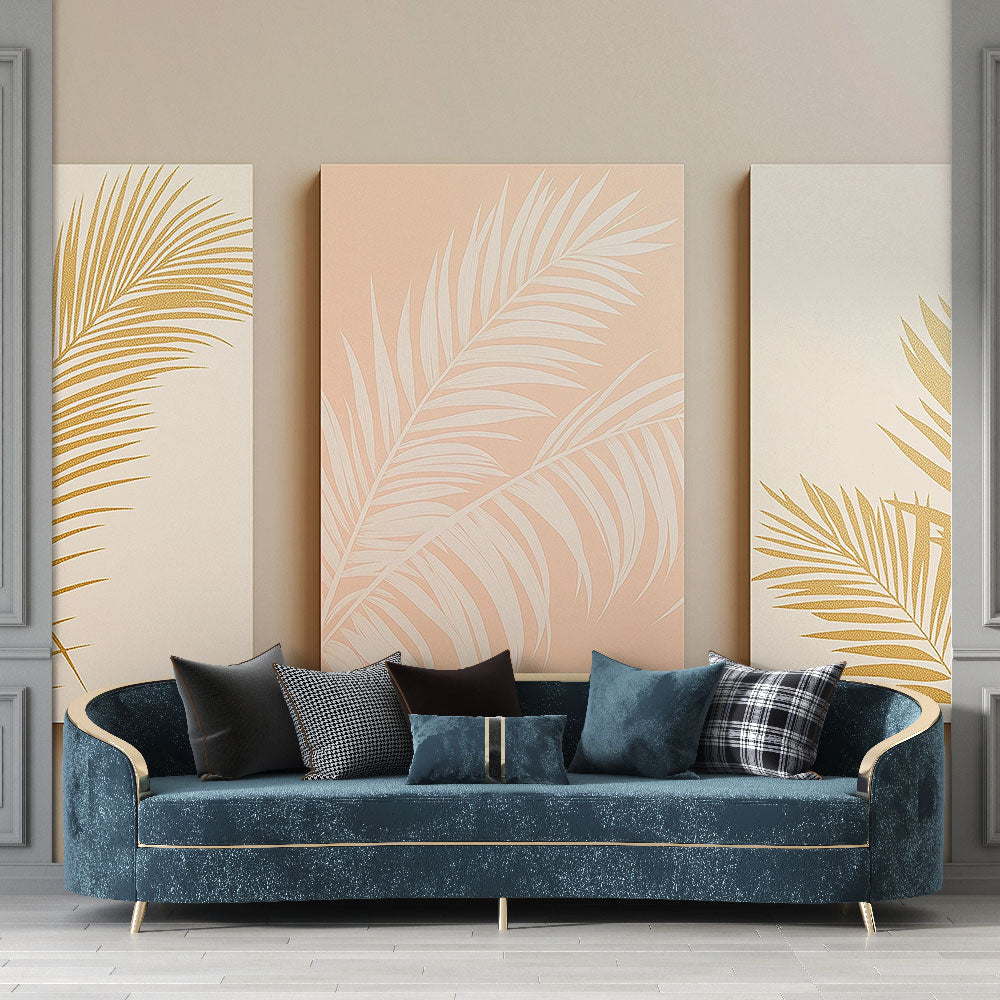 Tropical palm leaf wallpaper with gold accents creating a luxurious atmosphere in a modern living room setting