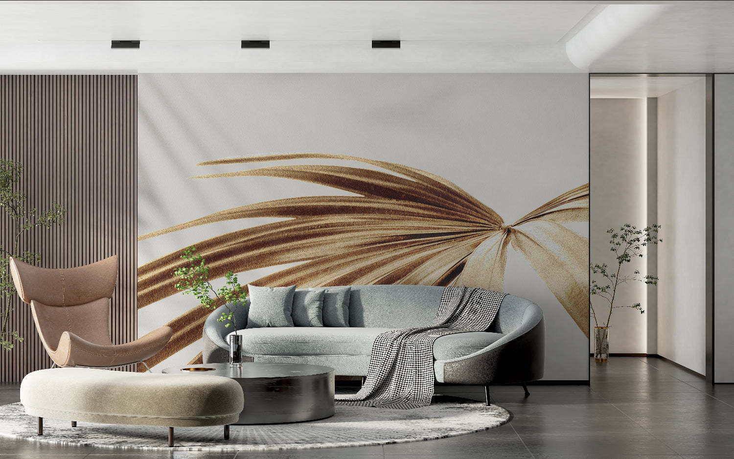 Palm leaf wall mural in beige tones brightening up a cozy bedroom setting