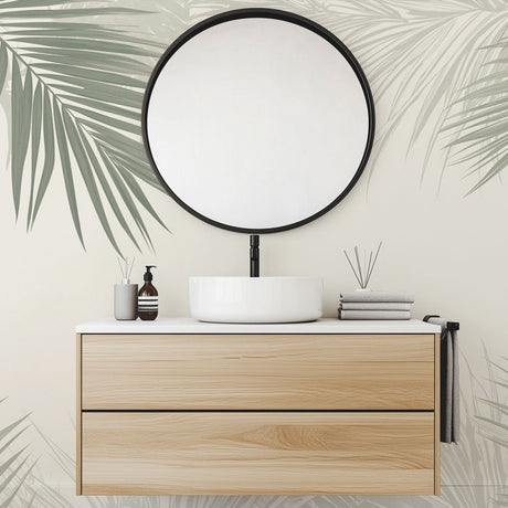 Minimalist Palm Leaves Mural Wallpaper creating a peaceful atmosphere in a modern living room with natural light
