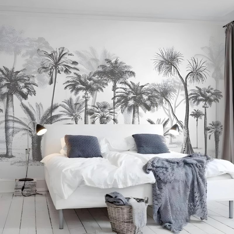 Black and white palm tree wallpaper creating a zen atmosphere in a modern living room