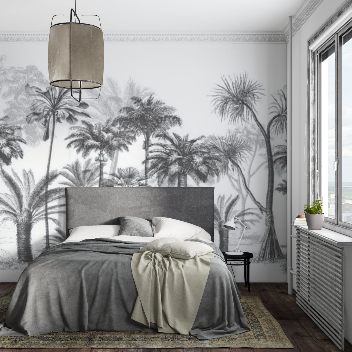 Tropical palm mural in black and white adding depth to a minimalist bedroom