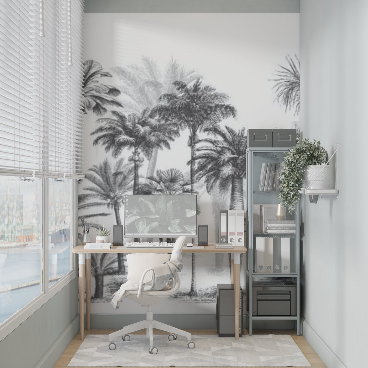 Monochrome palm forest wallpaper making a statement in a contemporary dining room