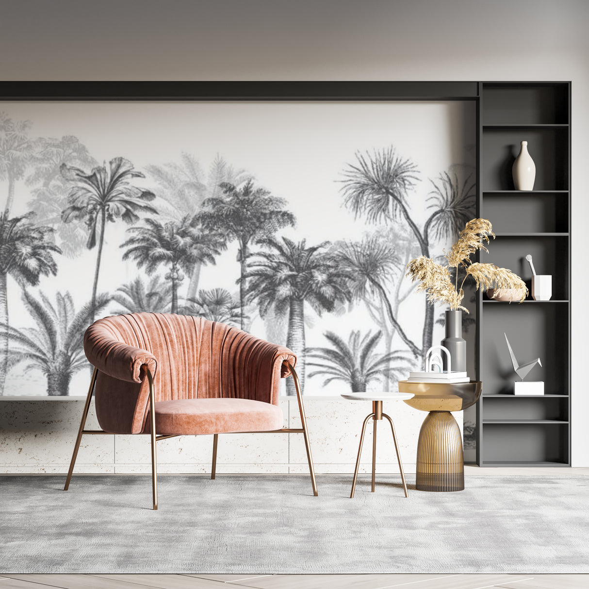 Black and white tropical forest mural bringing nature into a home office space