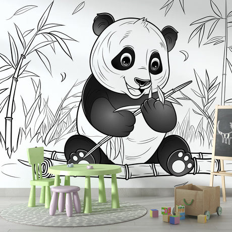 Panda wallpaper mural in a modern nursery with white furniture and natural light showing the peaceful black and white design