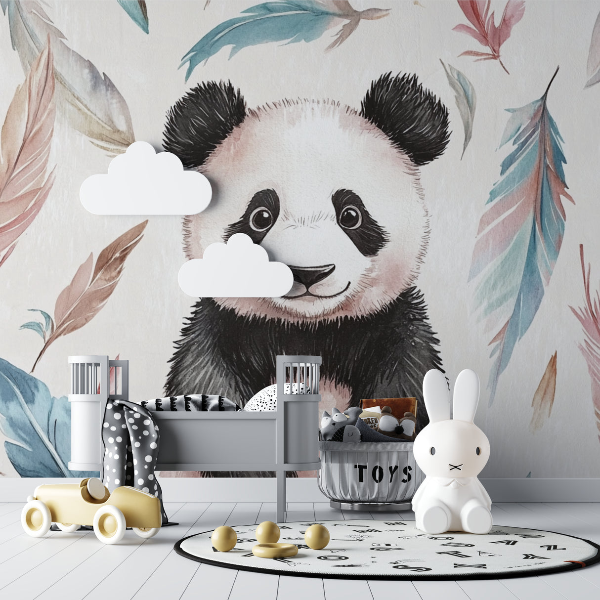Panda nursery wallpaper bringing charm to a modern nursery with soft feather accents