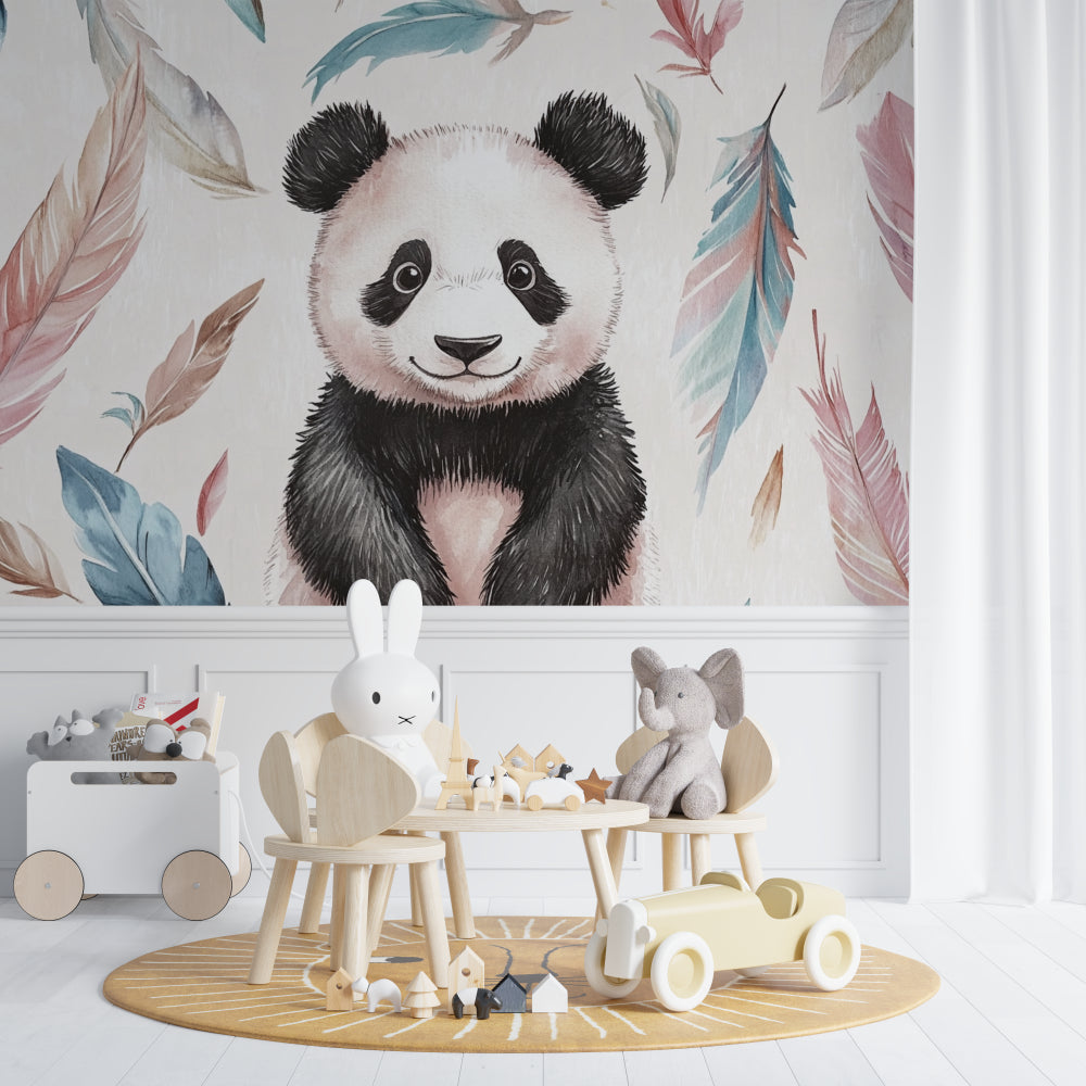 Kids bedroom transformed with sweet panda and feather wall mural in pastel colors