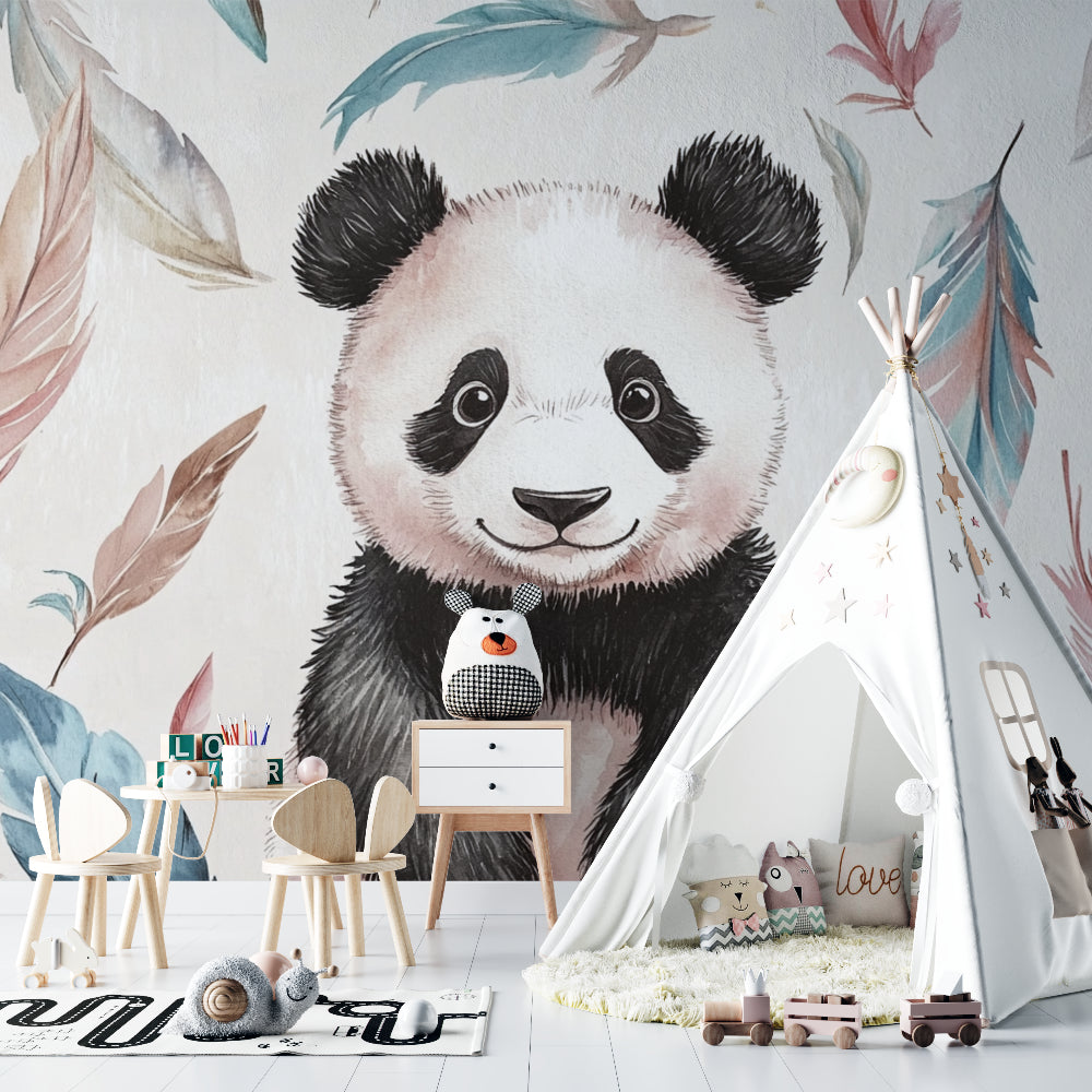 Playroom featuring adorable panda wallpaper with floating feathers design