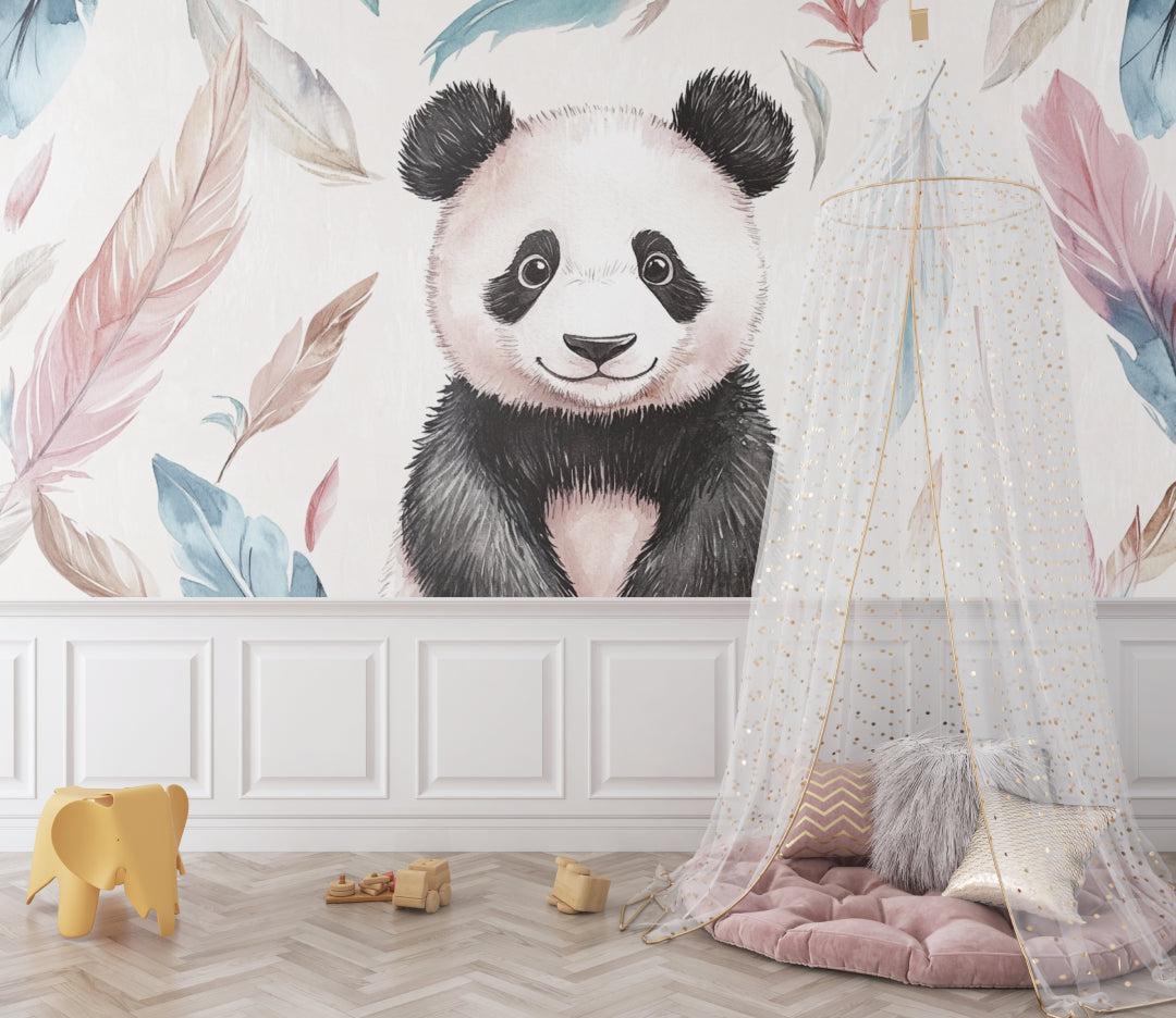 Baby room decorated with gentle panda and feather wallpaper creating peaceful atmosphere