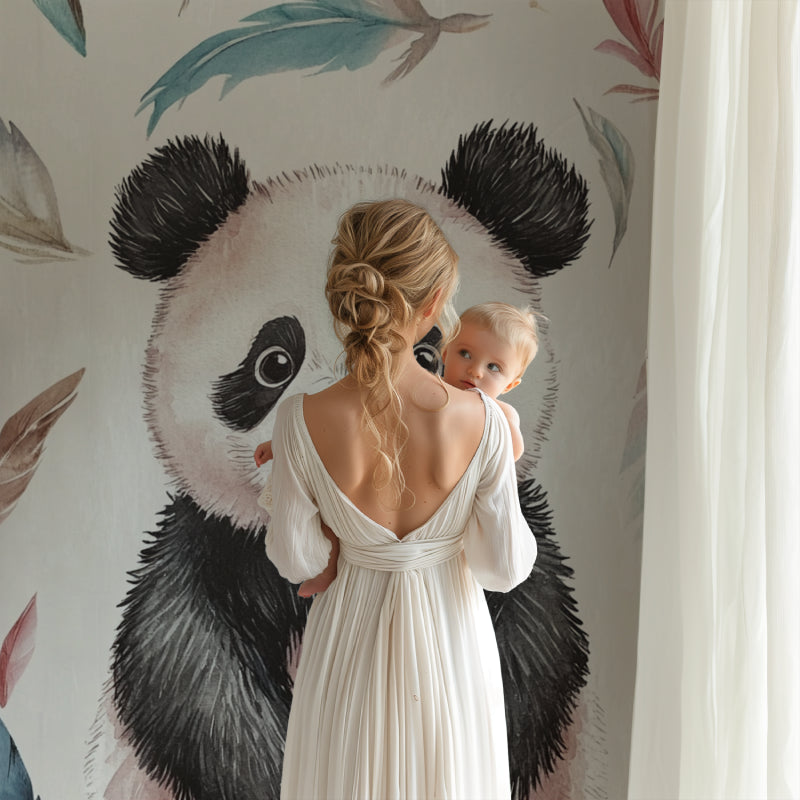 Reading nook with calming panda wall mural and bohemian feather elements