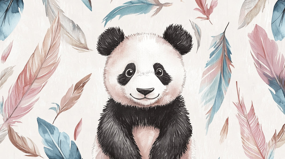 Panda and feathers design file showing intricate watercolor details and pattern layout