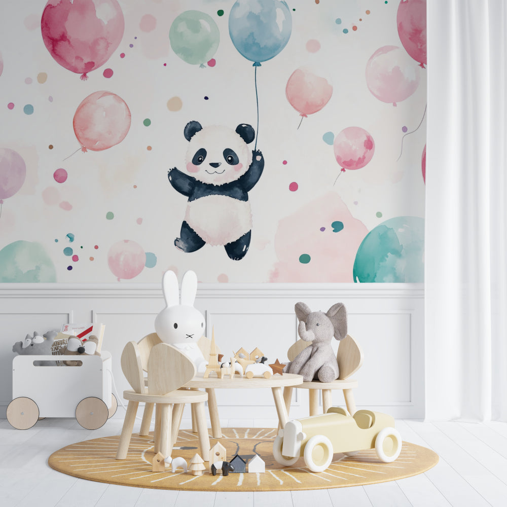Panda balloon wallpaper in a bright nursery with white furniture and soft pink accents