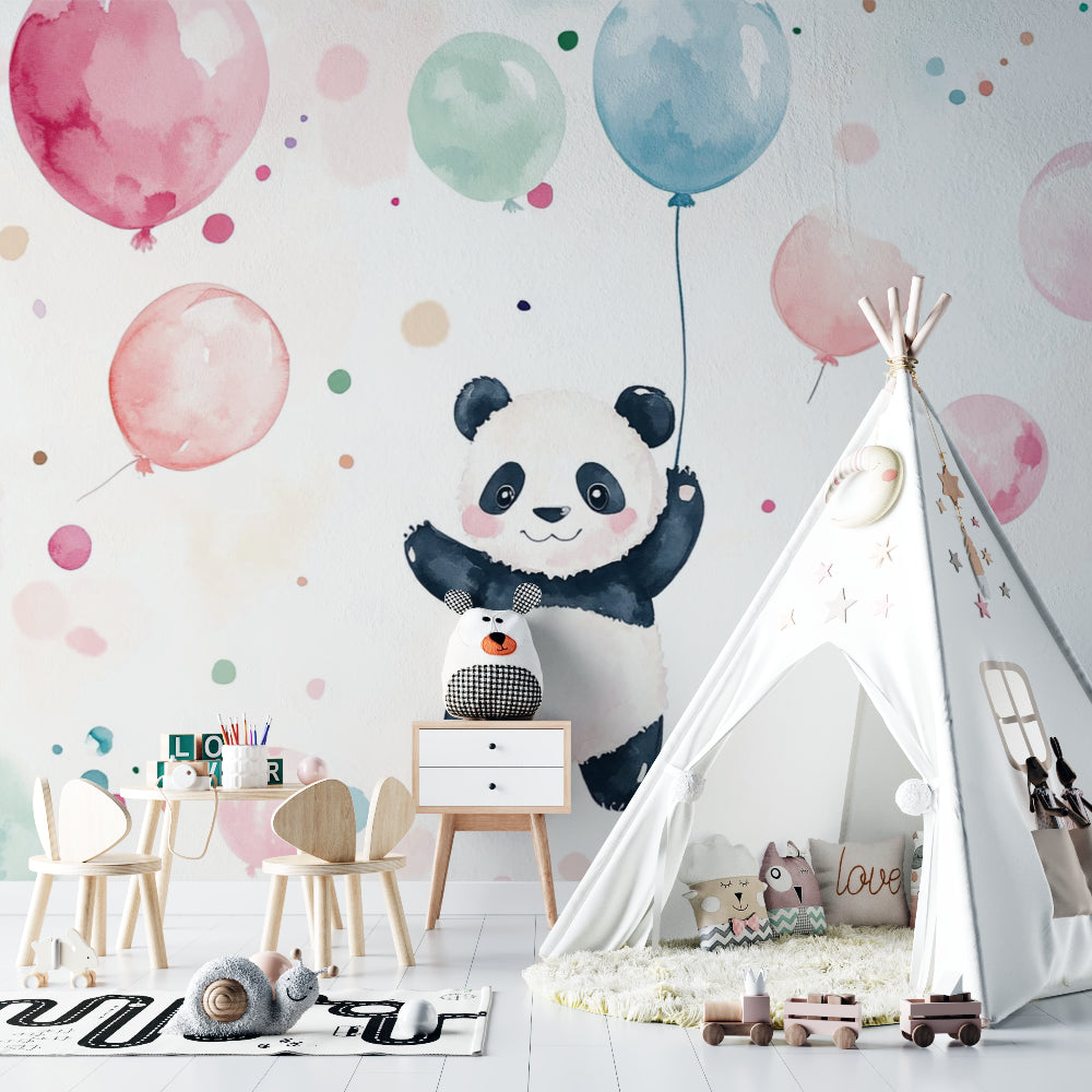 Kids bedroom featuring panda bear wallpaper with floating balloons and reading nook