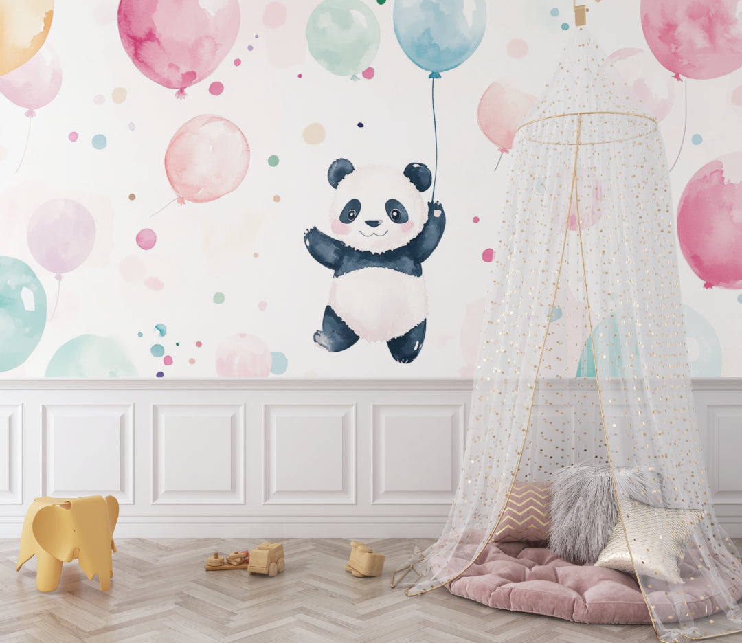 Playroom wall with cute panda wallpaper design showing scale and balloon details