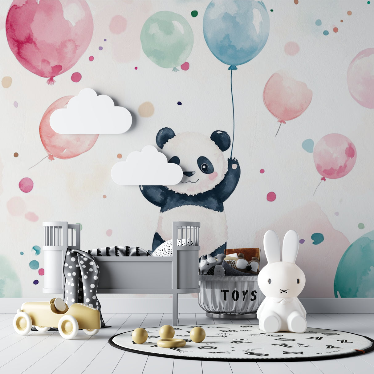 Baby room with panda wallpaper mural showcasing the soft pastel color palette