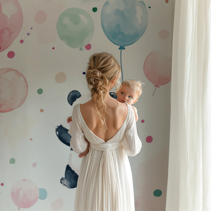 Close-up of panda bear wallpaper showing watercolor texture and balloon details