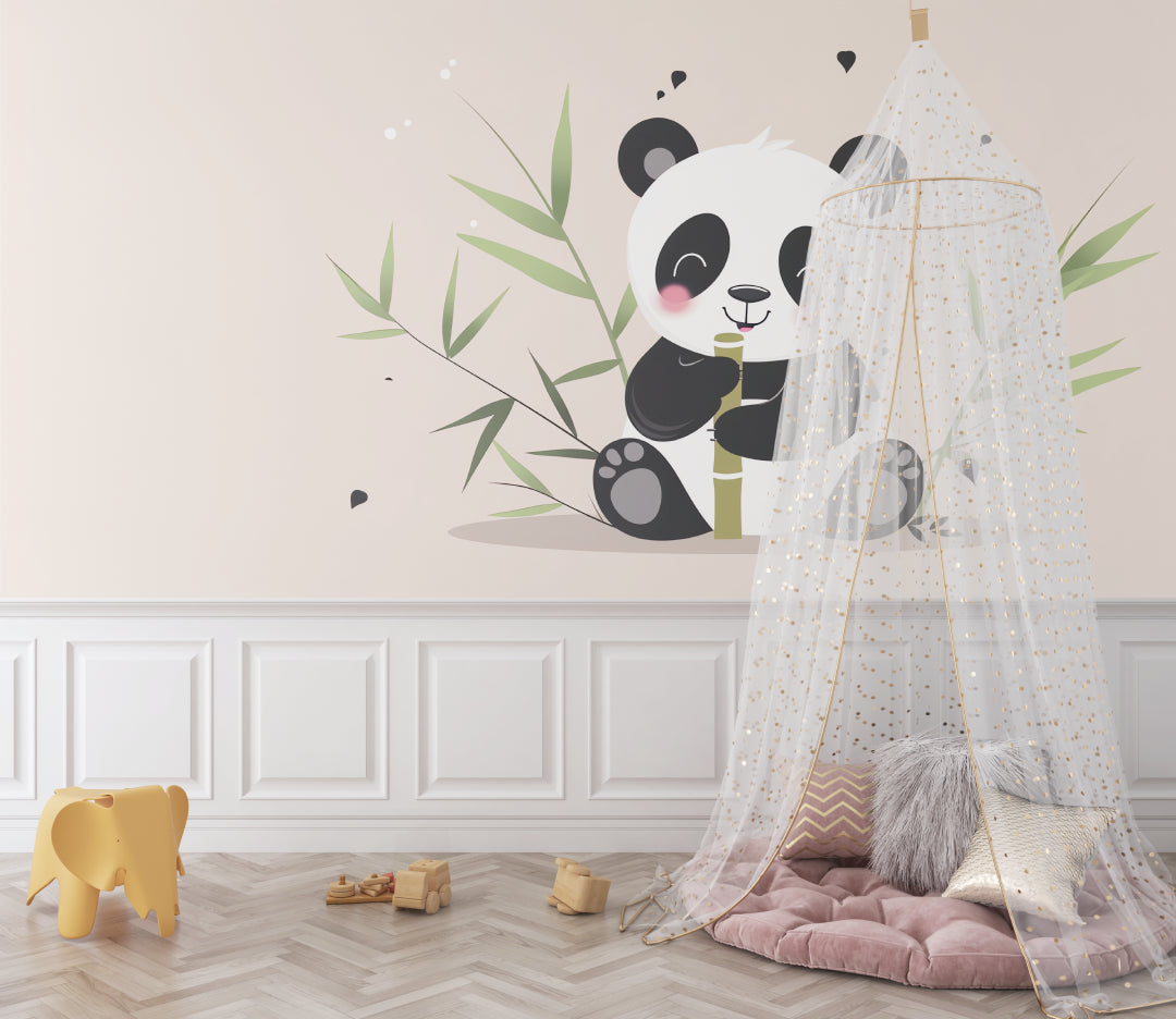 Sweet panda wall mural brightening up a playroom with natural light