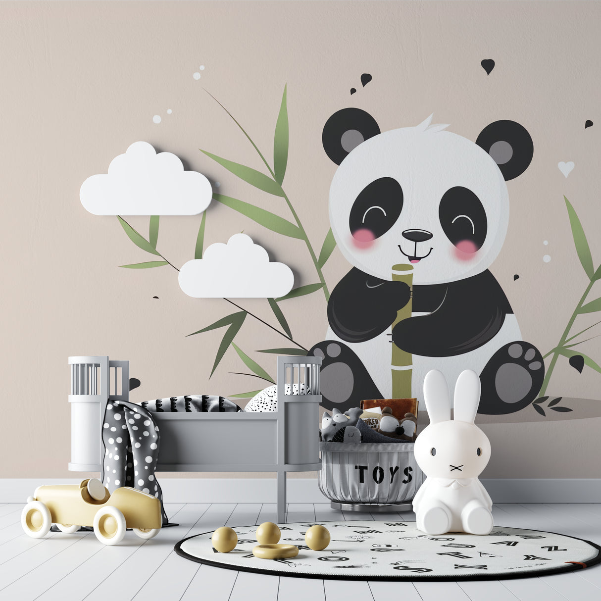 Nursery panda mural wallpaper displayed in a reading nook