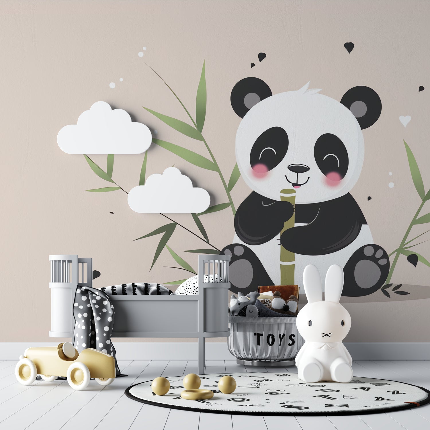 Nursery panda mural wallpaper displayed in a reading nook