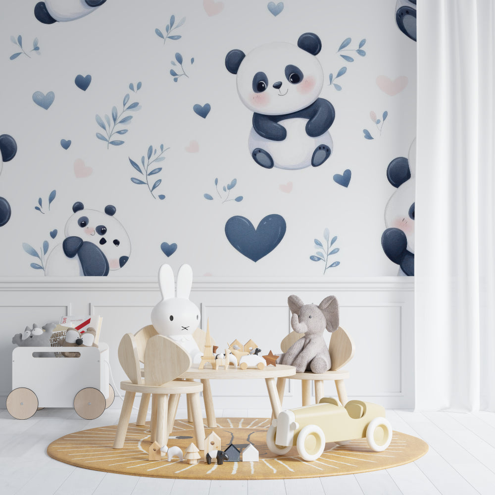 Panda and clouds wallpaper creating a peaceful atmosphere in a reading nook