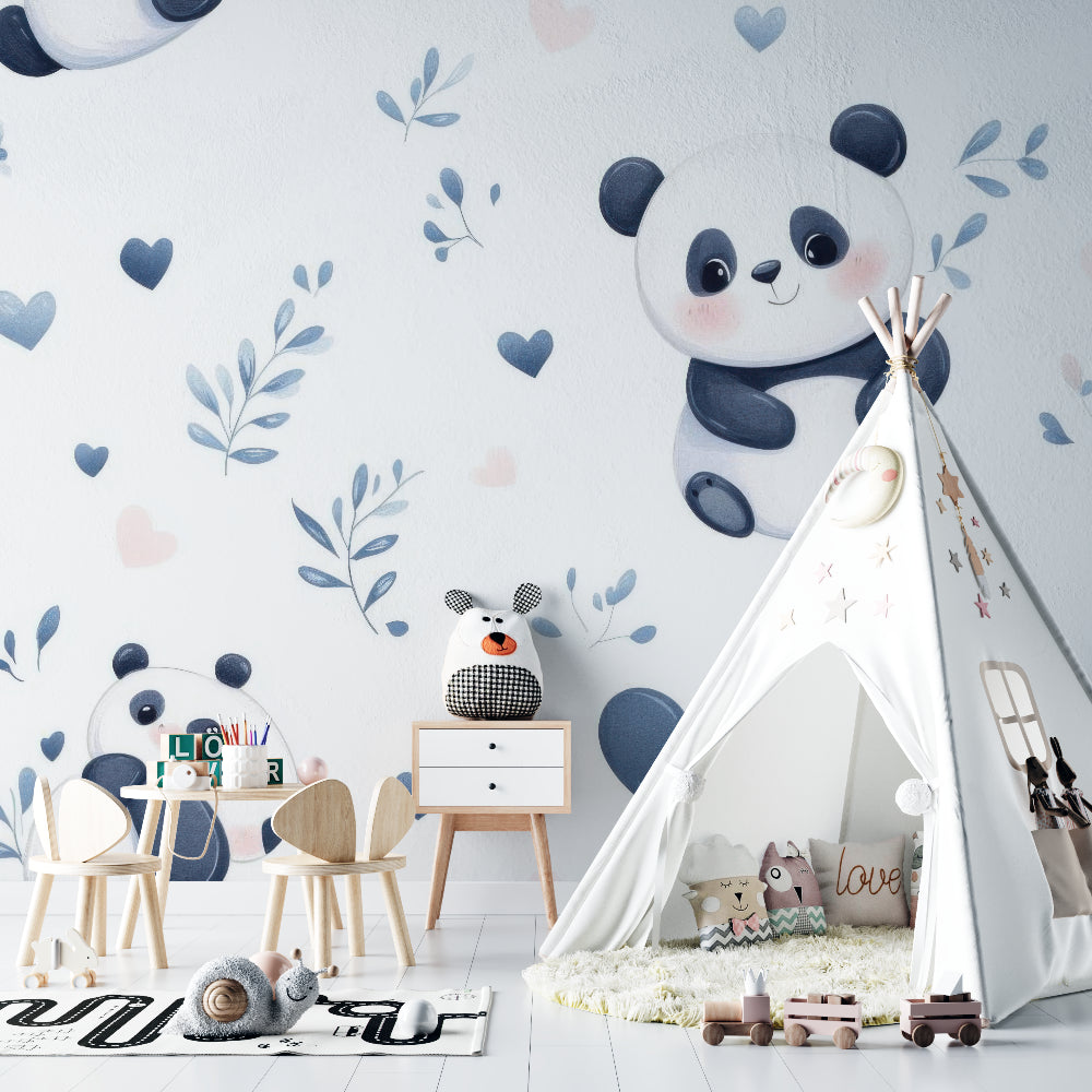 Panda nursery wallpaper creating a cozy atmosphere in a modern white nursery with wooden furniture
