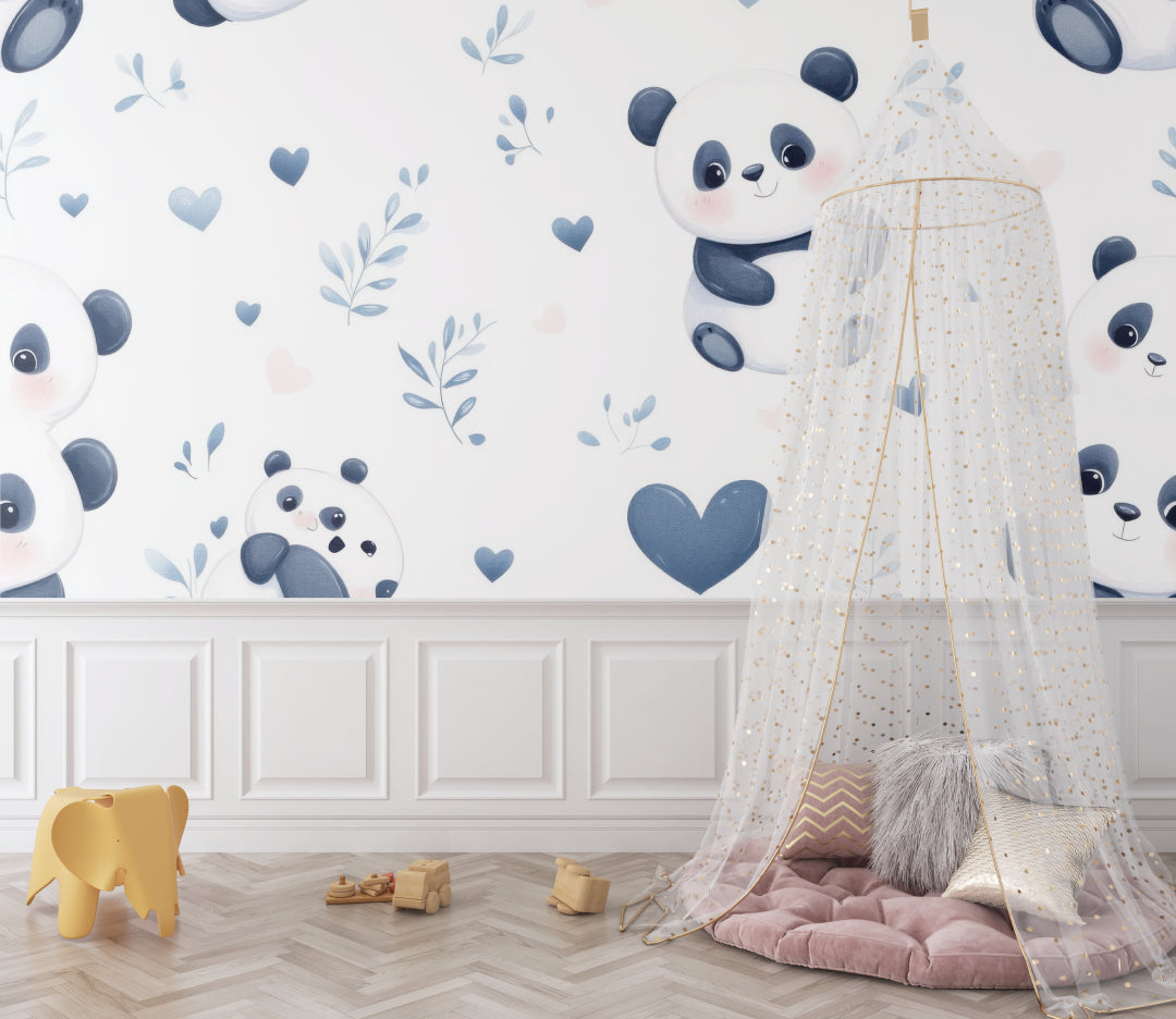 Baby room panda wallpaper in a gender-neutral nursery with natural decor