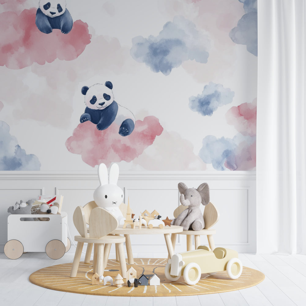 Pink and blue Panda wallpaper creating a cozy atmosphere in a modern nursery with white furniture