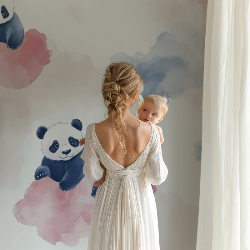 Panda nursery wallpaper brightening a child's reading nook with floating clouds