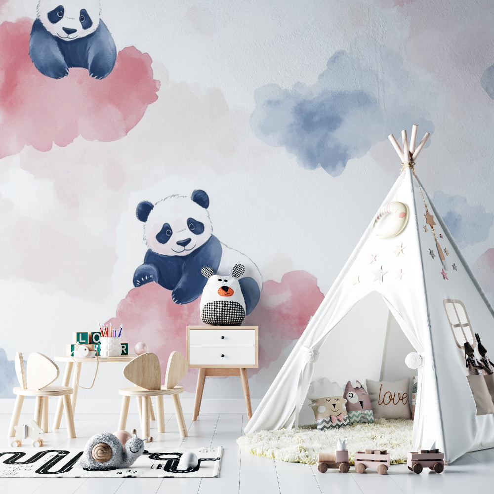 Cloud nursery wallpaper with pandas bringing charm to a baby's changing area