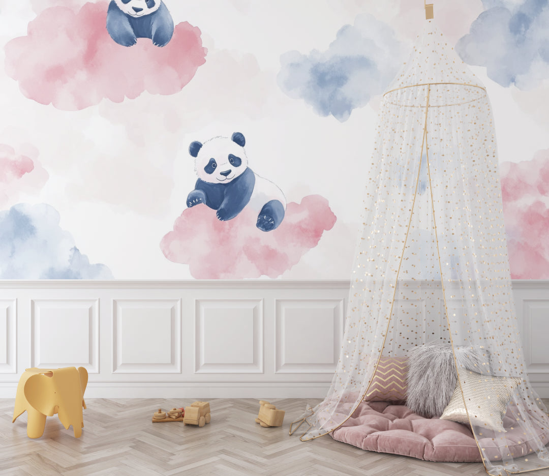 Panda bear wallpaper creating a peaceful atmosphere in a modern playroom