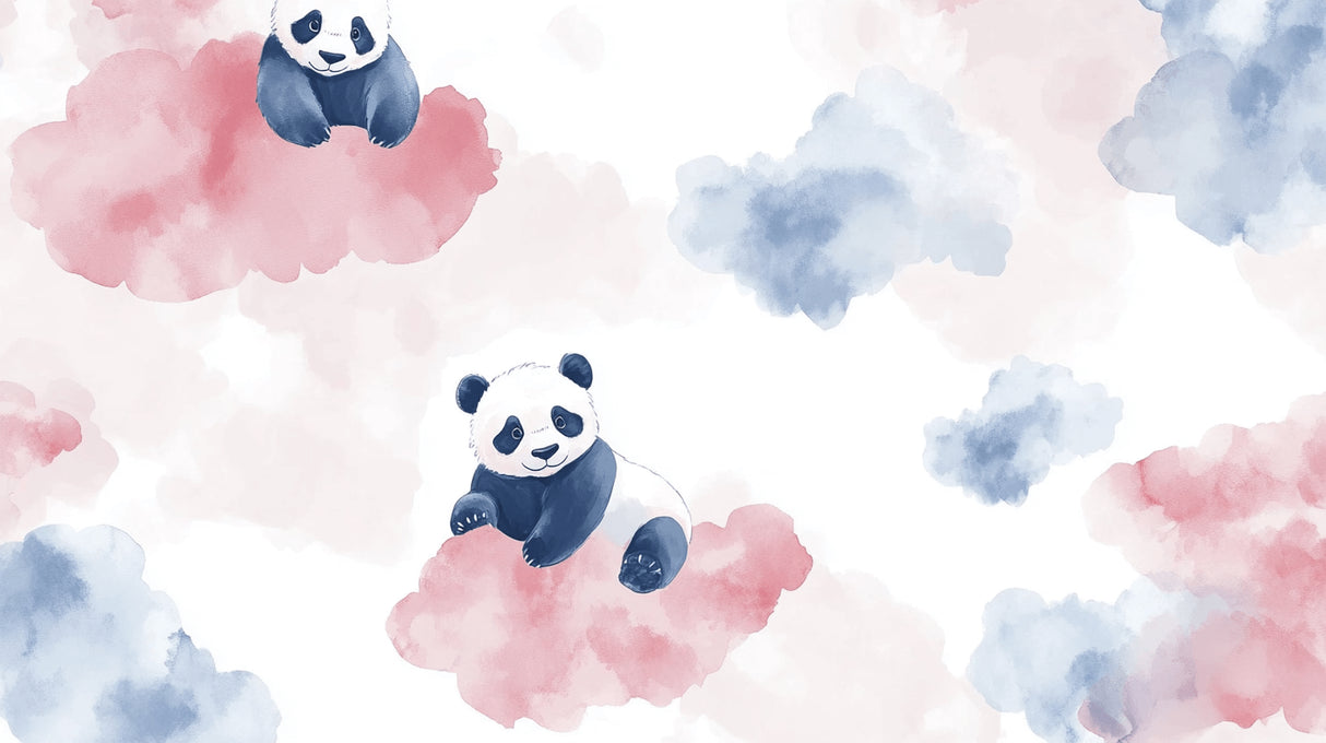 Design file showing cute pandas floating on pink and blue watercolor clouds pattern