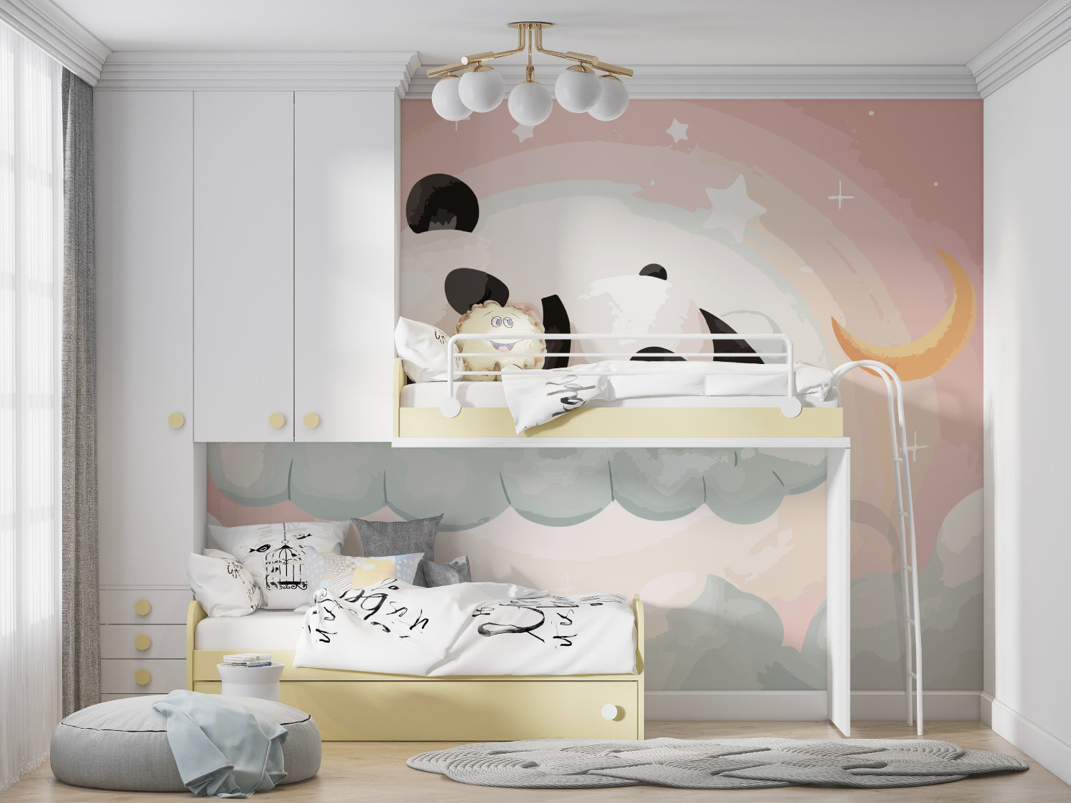 Pink Panda Wallpaper creating a magical atmosphere in a modern nursery with white furniture