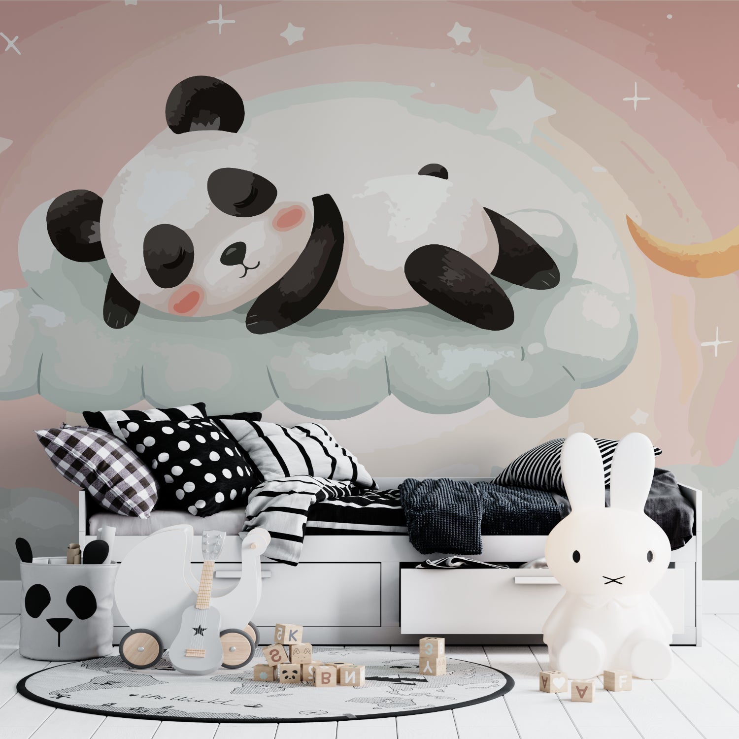 Panda Mural Wallpaper brightening up a cozy reading nook in a girl's bedroom