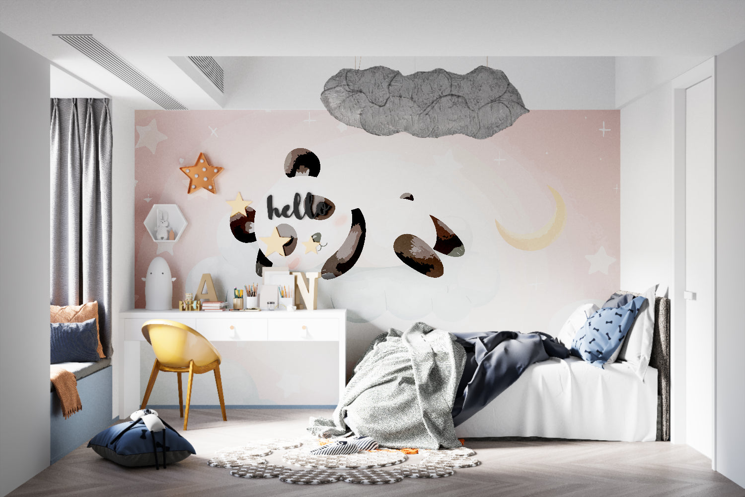 Nursery Panda Wallpaper complementing a minimalist playroom setup