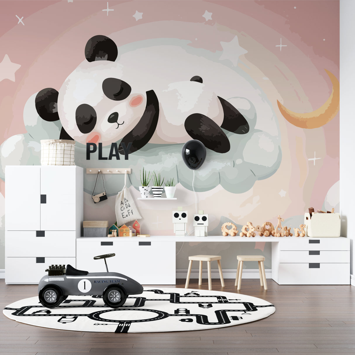 Pink Sky Panda Mural adding warmth to a baby's nursery with wooden accents