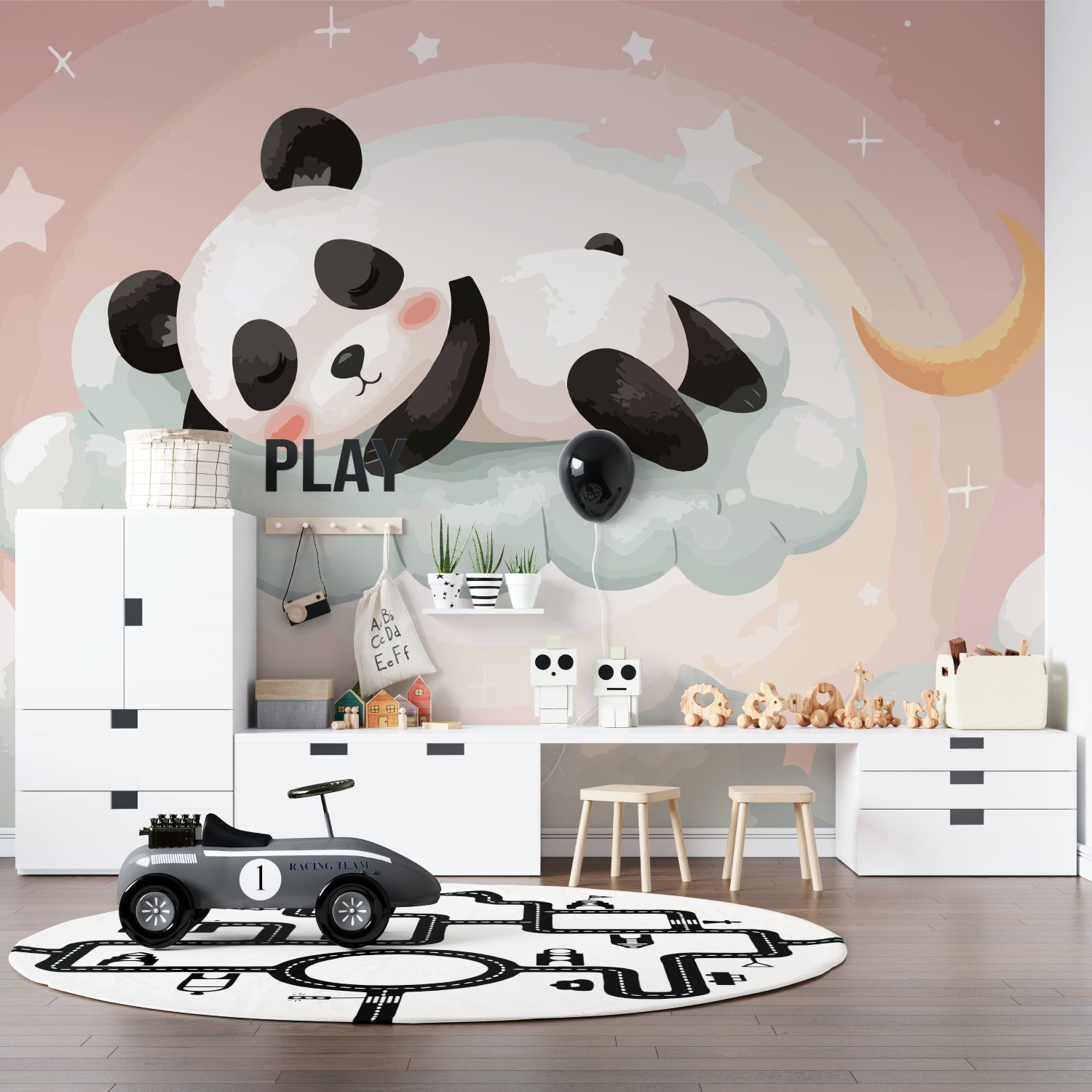 Pink Sky Panda Mural adding warmth to a baby's nursery with wooden accents