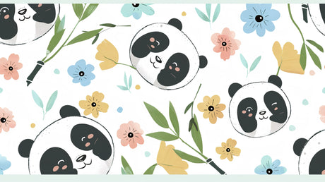 Panda wallpaper design file showing sweet pandas among pastel flowers and bamboo leaves