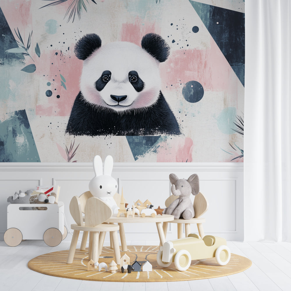 Panda geometric wallpaper in a bright modern nursery with white furniture